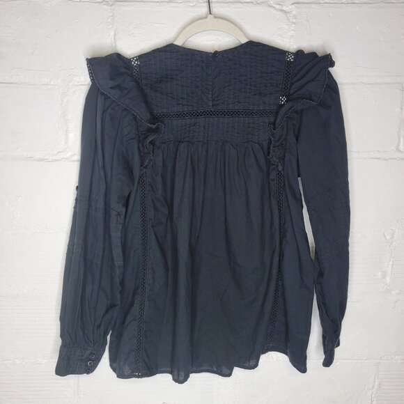 Madewell Women's XS Shirt Top Full Sleeve Pintuck Ruffle Top Black - Picture 2 of 4